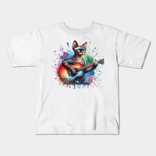 Devon Rex Cat Playing Guitar Kids T-Shirt